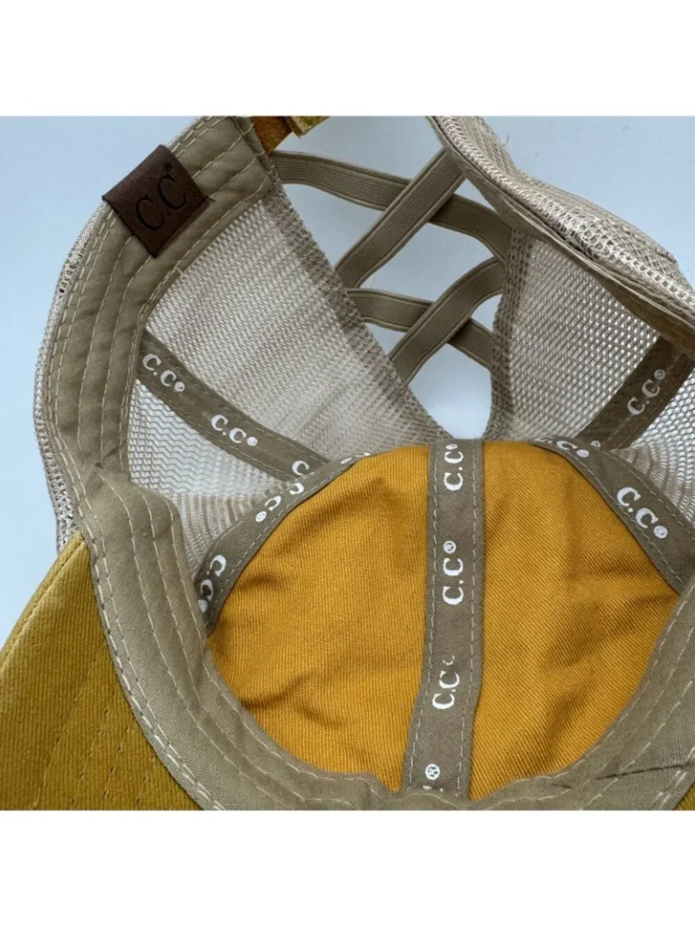 C.C Distressed Criss Cross Ponytail Hat Women's Trucker Baseball Cap Mustard Tan
